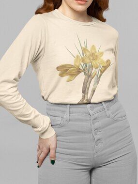 Golden Crocus Vintage Floral Print Long Sleeve Graphic Tee T-shirt S-XXL